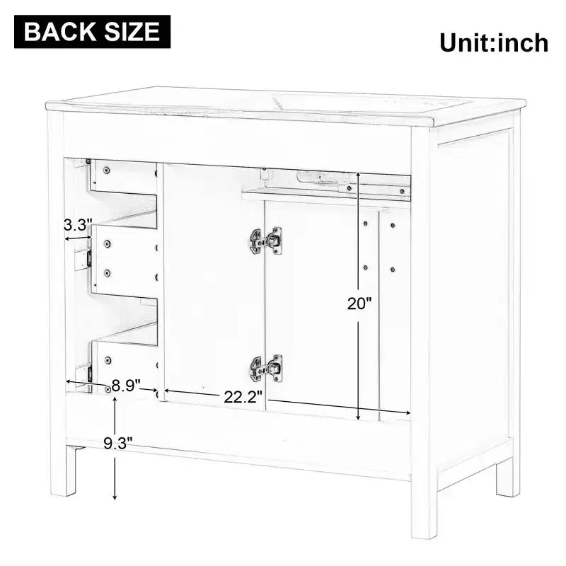 Meuble-lavabo de salle de bain 36 po avec dessus de lavabo, 2 portes, 3 tiroirs, en bois massif et MDF, blanc