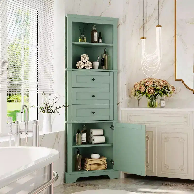 Meuble haut triangle vert 3 tiroirs Étagères réglables MDF peint