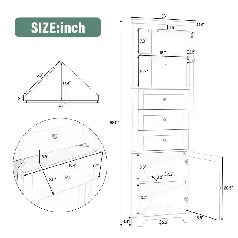 Meuble haut triangle vert 3 tiroirs Étagères réglables MDF peint