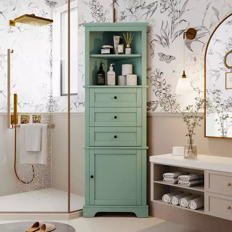 MAYEERTY Green Triangle Tall Cabinet 3 Drawers Adjustable Shelves MDF Painted