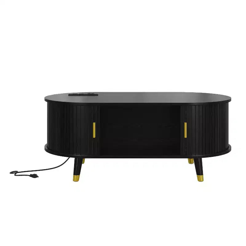 Table basse cannelée en bois avec station de recharge, table basse ovale vintage avec rangement pour salon