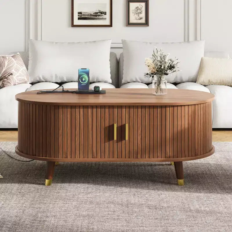 Table basse cannelée en bois avec station de recharge, table basse ovale vintage avec rangement pour salon