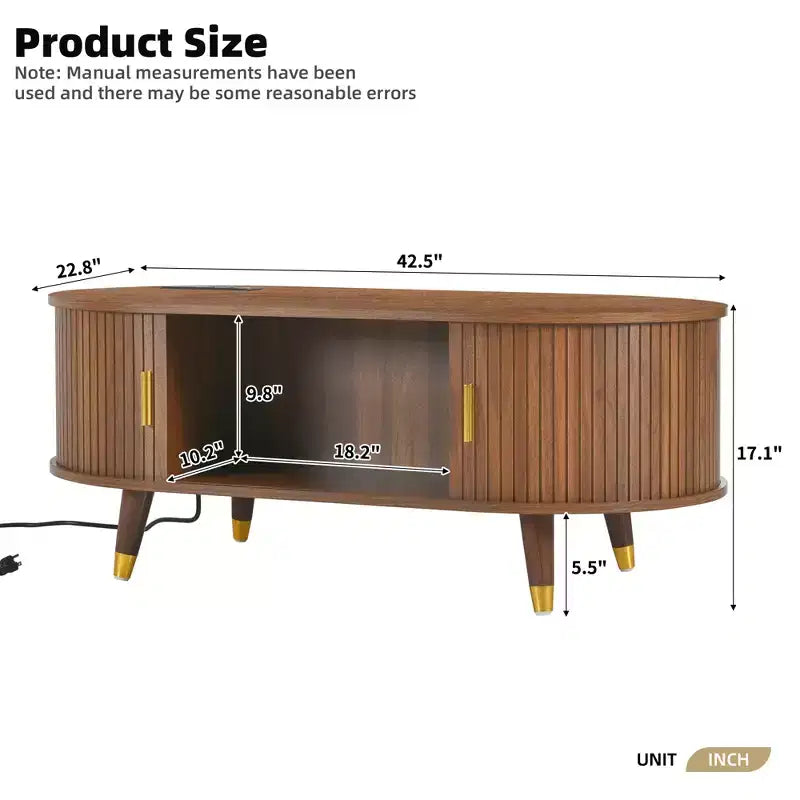 Table basse cannelée en bois avec station de recharge, table basse ovale vintage avec rangement pour salon