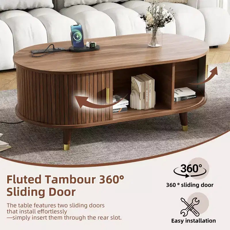 Table basse cannelée en bois avec station de recharge, table basse ovale vintage avec rangement pour salon