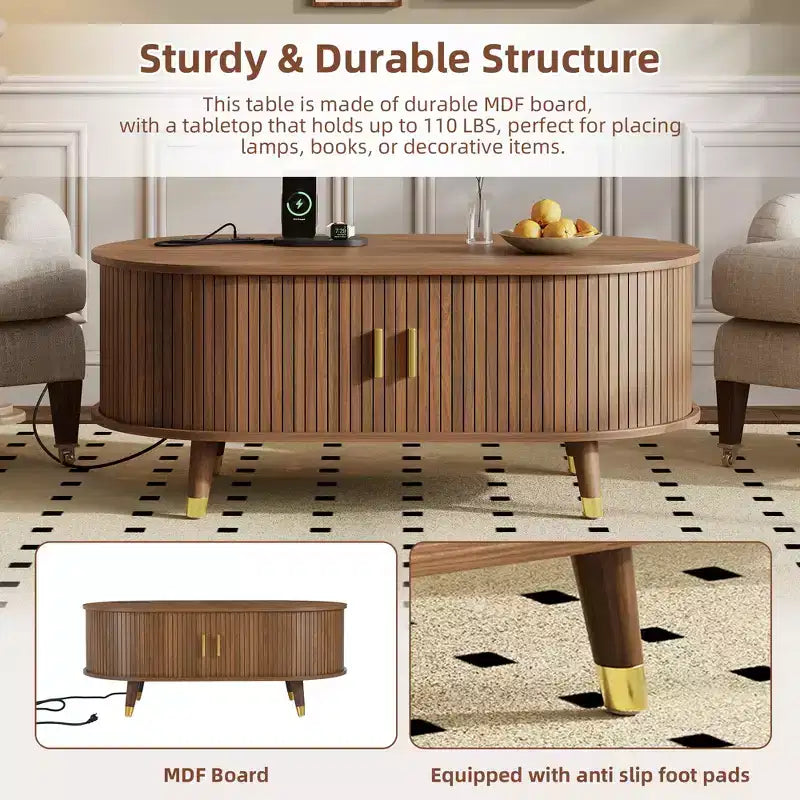 Table basse cannelée en bois avec station de recharge, table basse ovale vintage avec rangement pour salon