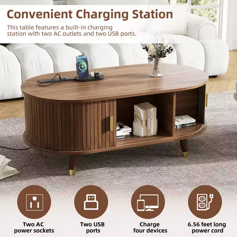 Table basse cannelée en bois avec station de recharge, table basse ovale vintage avec rangement pour salon