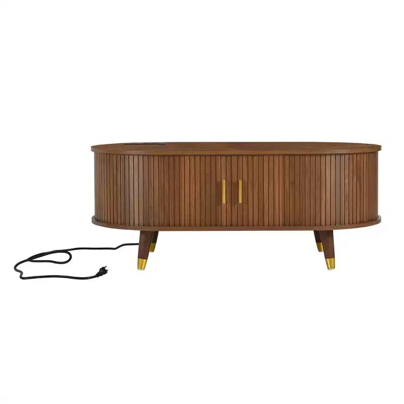 Table basse cannelée en bois avec station de recharge, table basse ovale vintage avec rangement pour salon