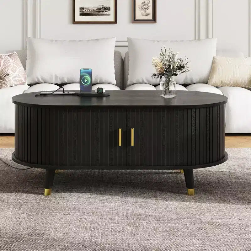Table basse cannelée en bois avec station de recharge, table basse ovale vintage avec rangement pour salon