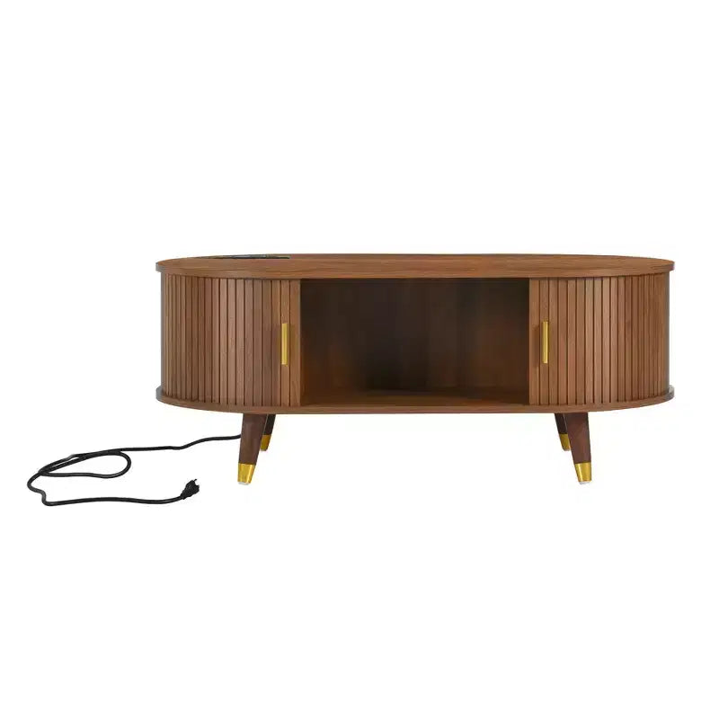 Table basse cannelée en bois avec station de recharge, table basse ovale vintage avec rangement pour salon