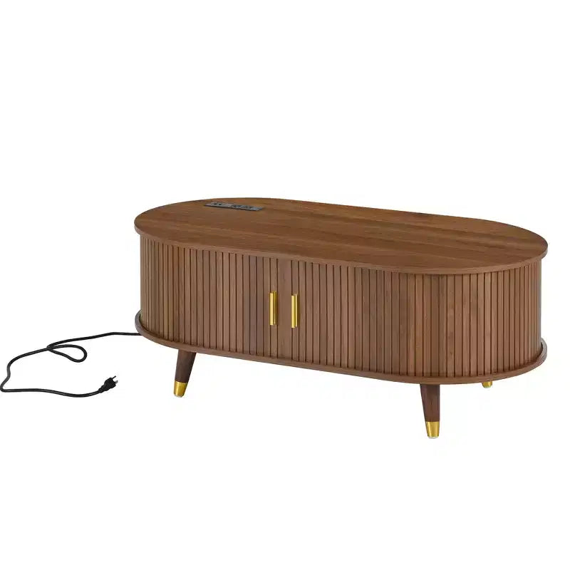 Table basse cannelée en bois avec station de recharge, table basse ovale vintage avec rangement pour salon