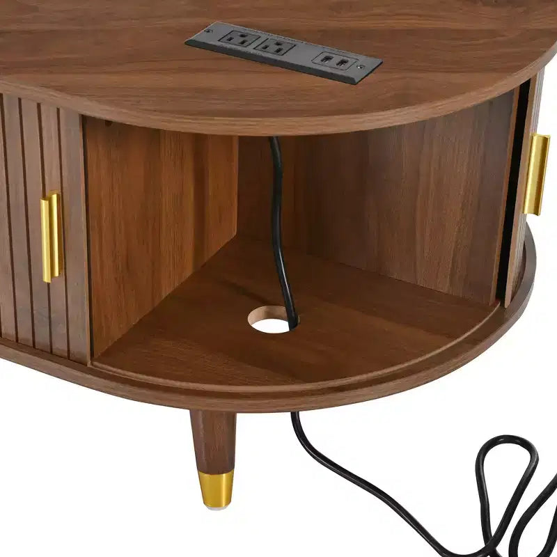 Table basse cannelée en bois avec station de recharge, table basse ovale vintage avec rangement pour salon