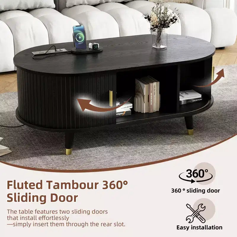 Table basse cannelée en bois avec station de recharge, table basse ovale vintage avec rangement pour salon