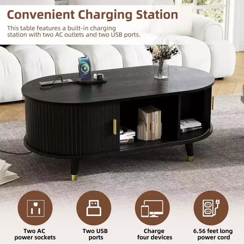 Table basse cannelée en bois avec station de recharge, table basse ovale vintage avec rangement pour salon
