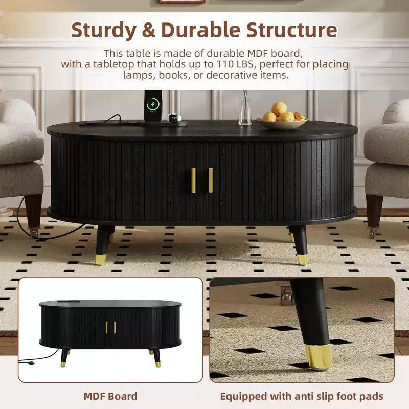Table basse cannelée en bois avec station de recharge, table basse ovale vintage avec rangement pour salon