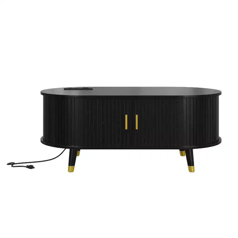 Table basse cannelée en bois avec station de recharge, table basse ovale vintage avec rangement pour salon