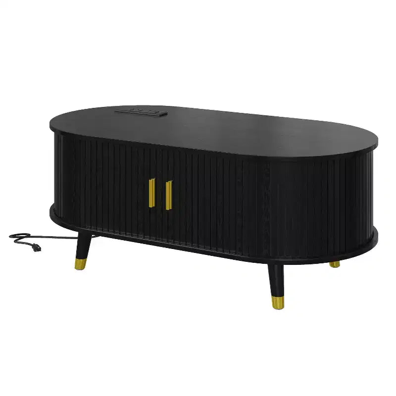Table basse cannelée en bois avec station de recharge, table basse ovale vintage avec rangement pour salon