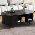 Wood Fluted Coffee Table with Charging Station, Vintage Oval Center Table with Storage for Living Room