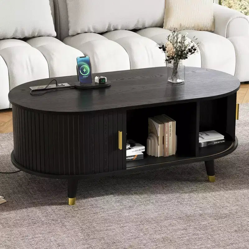 Wood Fluted Coffee Table with Charging Station, Vintage Oval Center Table with Storage for Living Room