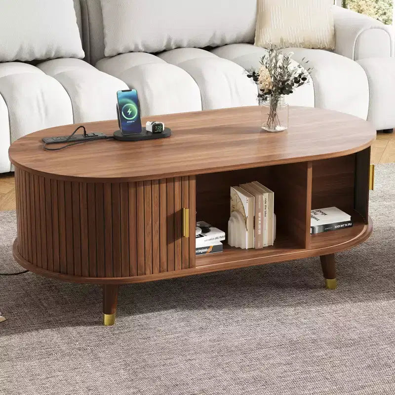 Table basse cannelée en bois avec station de recharge, table basse ovale vintage avec rangement pour salon