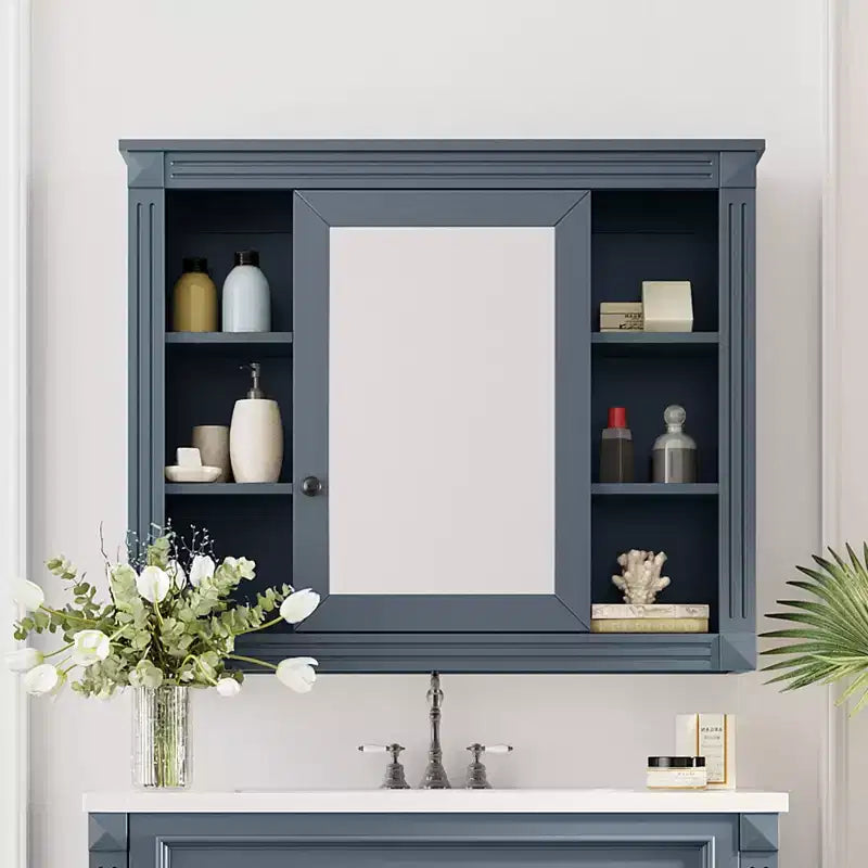 MAYEERTY 28.7 Wall Mounted Bathroom Mirror Cabinet with Concealed Storage 6 Open Shelves Medicine Cabinet Blue