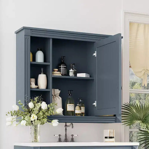 Armoire de toilette murale de 28,7 po avec rangement dissimulé, 6 étagères ouvertes, armoire à pharmacie bleue