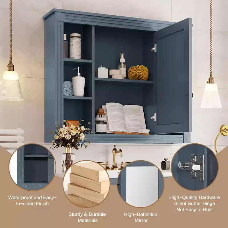 Armoire de toilette murale de 28,7 po avec rangement dissimulé, 6 étagères ouvertes, armoire à pharmacie bleue