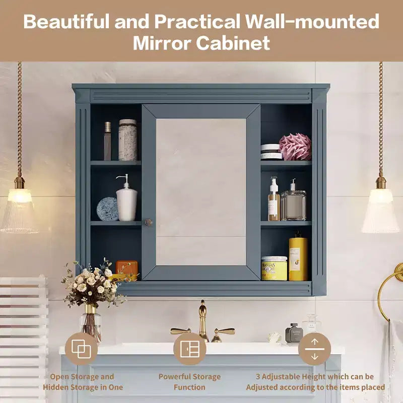 Armoire de toilette murale de 28,7 po avec rangement dissimulé, 6 étagères ouvertes, armoire à pharmacie bleue