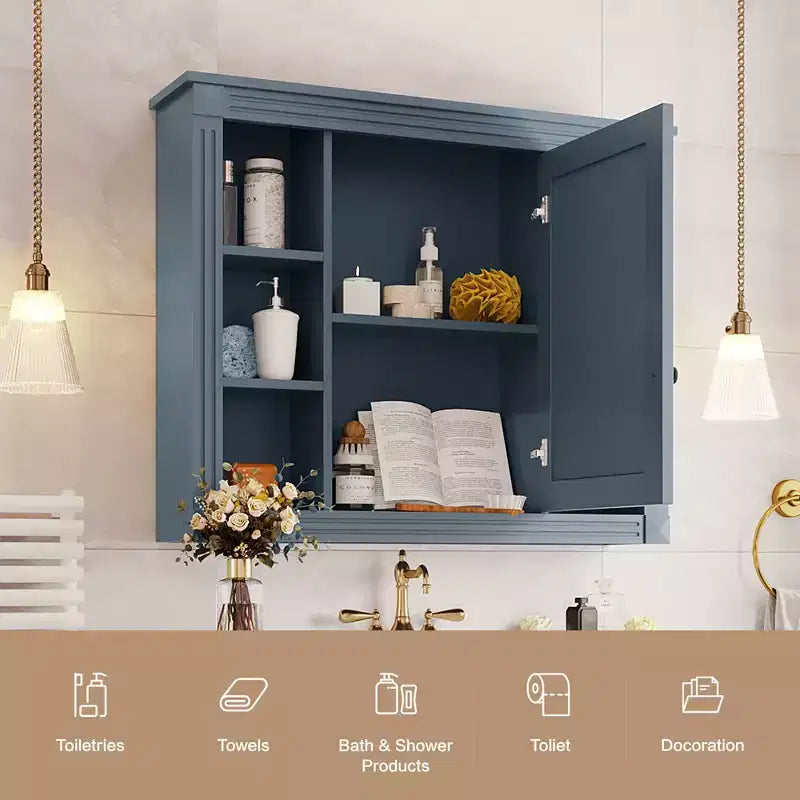 Armoire de toilette murale de 28,7 po avec rangement dissimulé, 6 étagères ouvertes, armoire à pharmacie bleue
