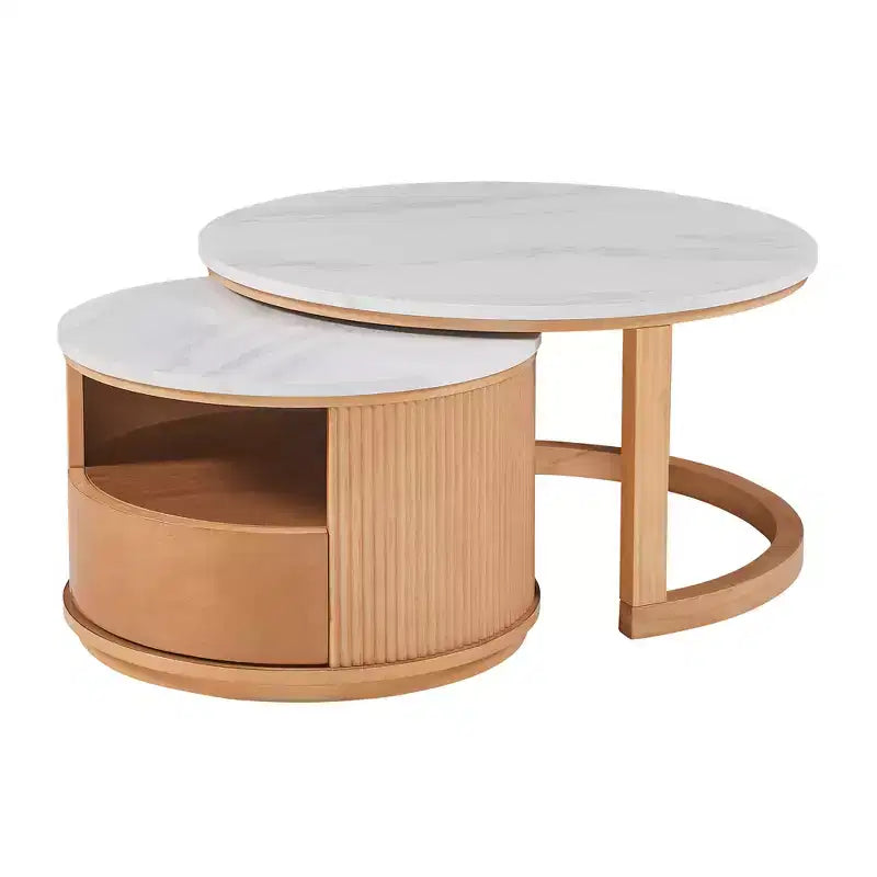 Table basse gigogne moderne avec tiroir, Table basse ronde avec rangement pour salon