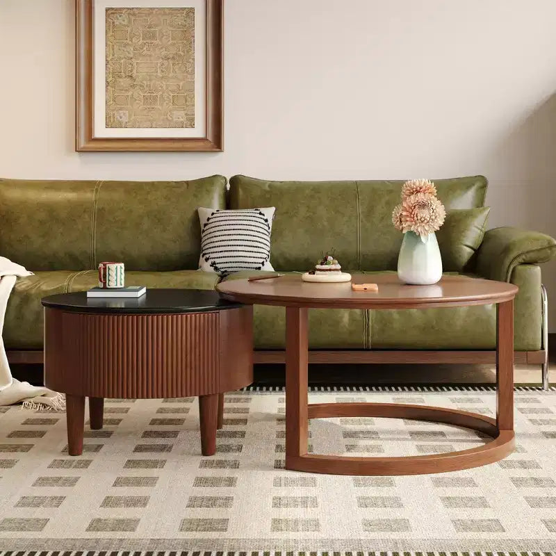 Table basse gigogne moderne avec tiroir, Table basse ronde avec rangement pour salon