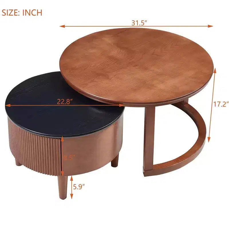 Table basse gigogne moderne avec tiroir, Table basse ronde avec rangement pour salon