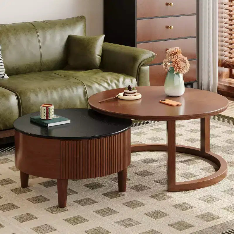 Table basse gigogne moderne avec tiroir, Table basse ronde avec rangement pour salon