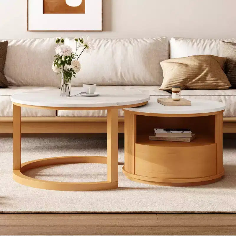 Table basse gigogne moderne avec tiroir, Table basse ronde avec rangement pour salon