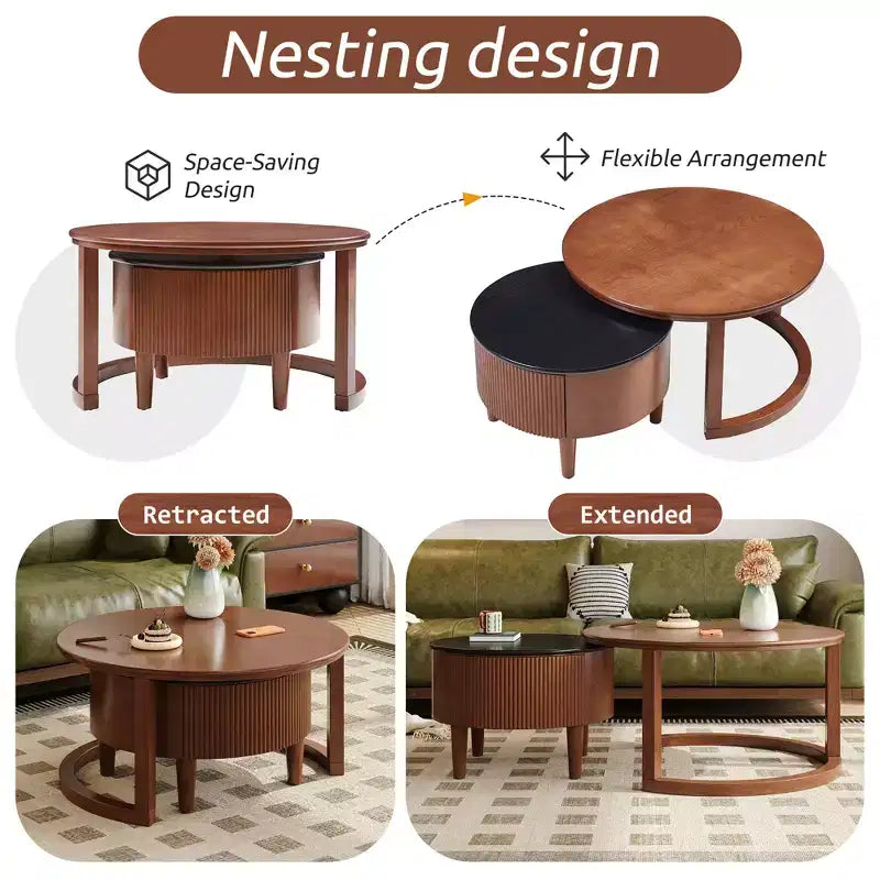 Table basse gigogne moderne avec tiroir, Table basse ronde avec rangement pour salon