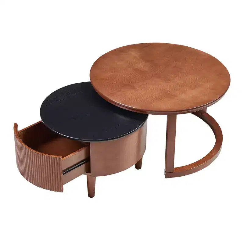 Table basse gigogne moderne avec tiroir, Table basse ronde avec rangement pour salon