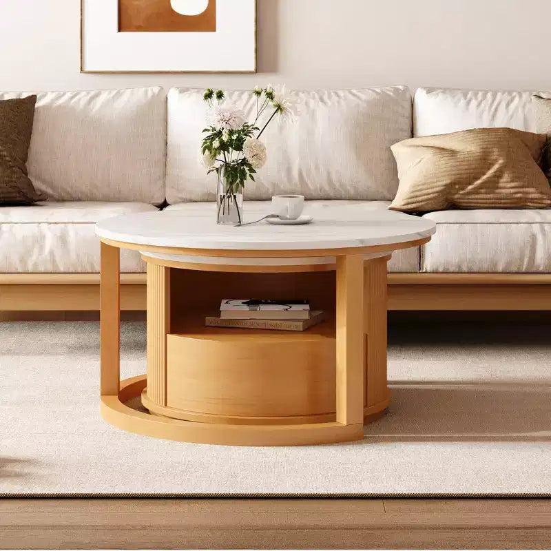 Table basse gigogne moderne avec tiroir, Table basse ronde avec rangement pour salon