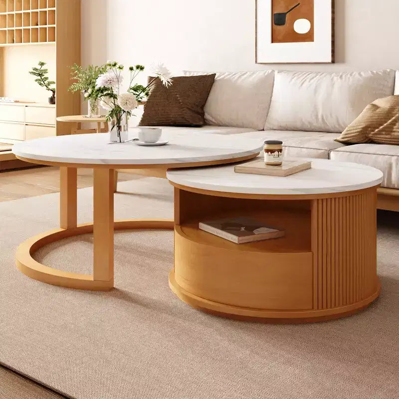 Table basse gigogne moderne avec tiroir, Table basse ronde avec rangement pour salon