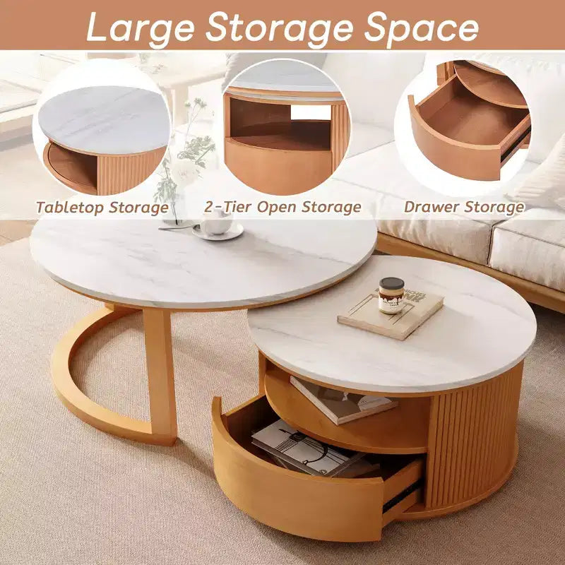 Table basse gigogne moderne avec tiroir, Table basse ronde avec rangement pour salon