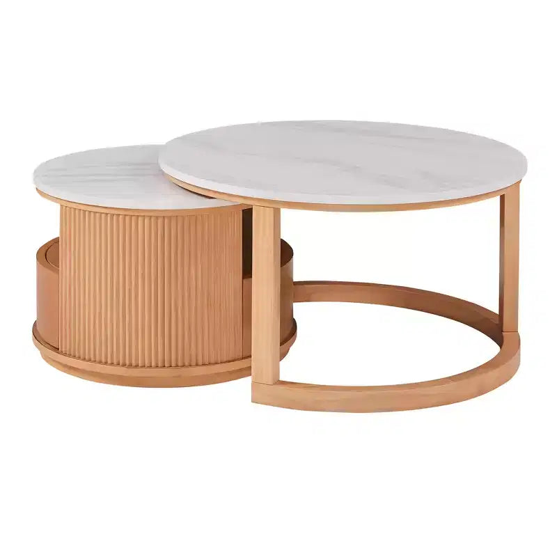 Table basse gigogne moderne avec tiroir, Table basse ronde avec rangement pour salon