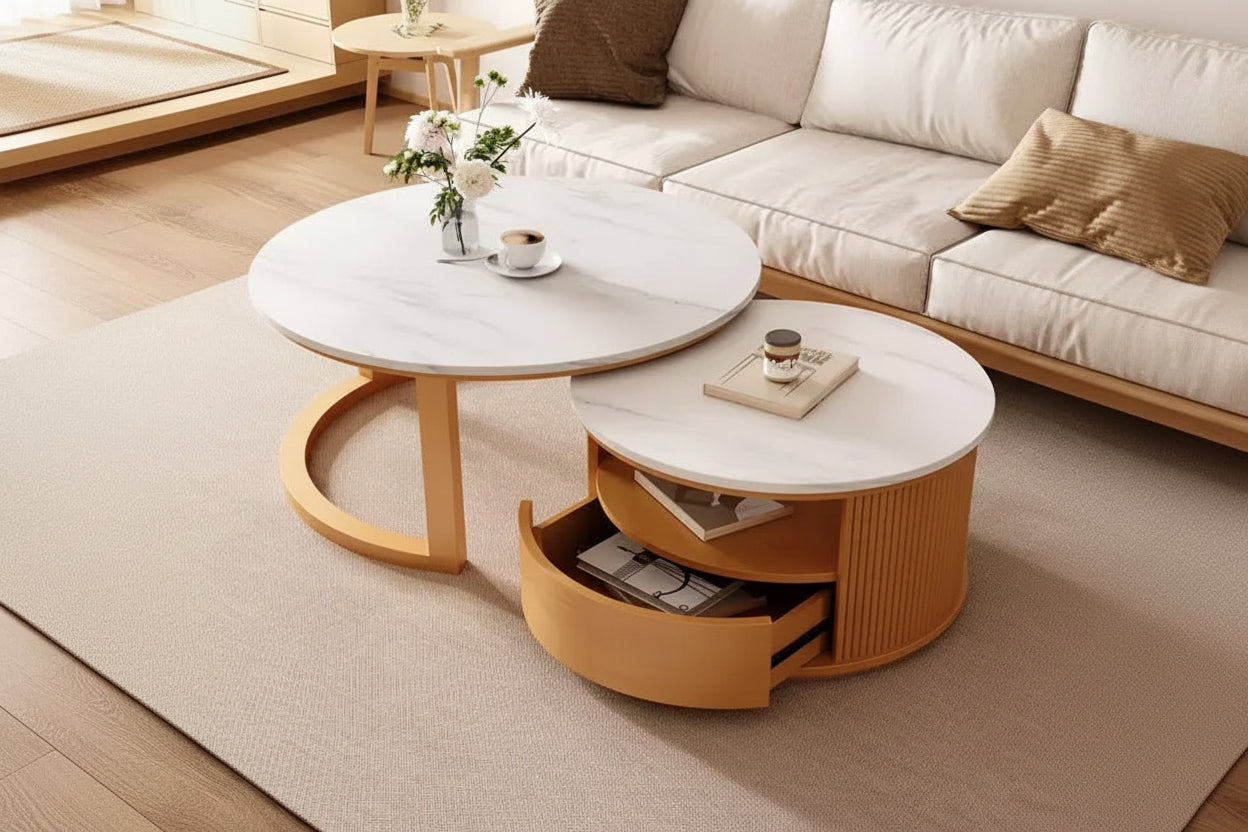 Modern Nesting Coffee Table with Drawer, Round Center Table with storage for Living Room