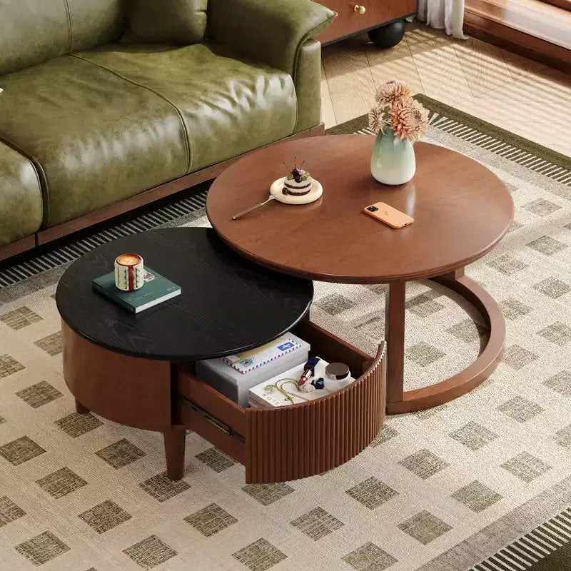 Table basse gigogne moderne avec tiroir, Table basse ronde avec rangement pour salon