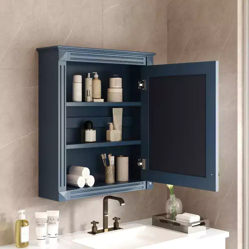 Meuble de rangement mural de salle de bain avec miroir, armoire à pharmacie avec étagère réglable en hauteur, bleu, 27 po