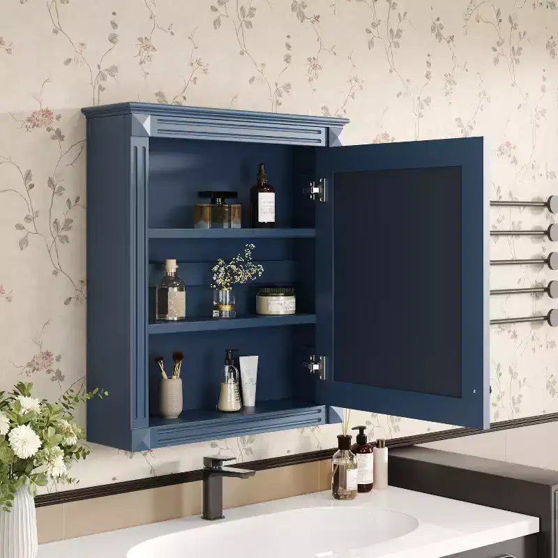 Meuble de rangement mural de salle de bain avec miroir, armoire à pharmacie avec étagère réglable en hauteur, bleu, 27 po