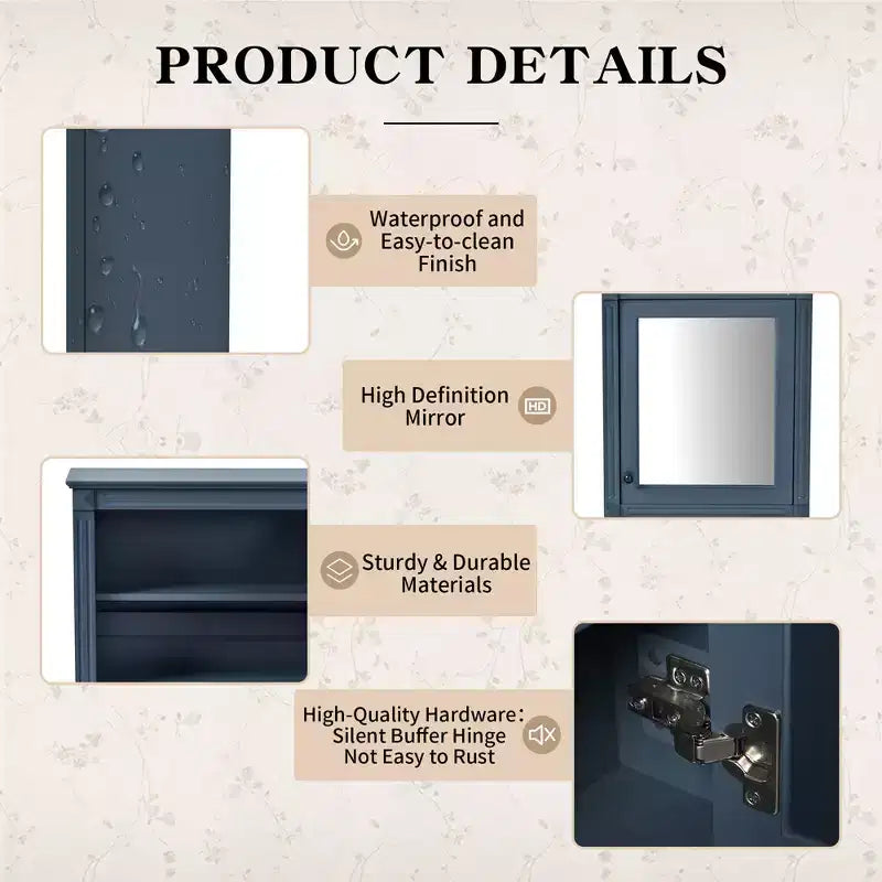Meuble de rangement mural de salle de bain avec miroir, armoire à pharmacie avec étagère réglable en hauteur, bleu, 27 po