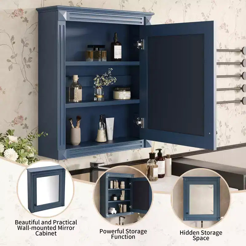 Meuble de rangement mural de salle de bain avec miroir, armoire à pharmacie avec étagère réglable en hauteur, bleu, 27 po