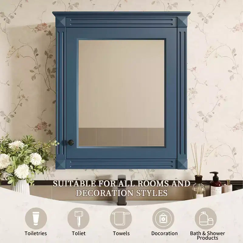 Meuble de rangement mural de salle de bain avec miroir, armoire à pharmacie avec étagère réglable en hauteur, bleu, 27 po