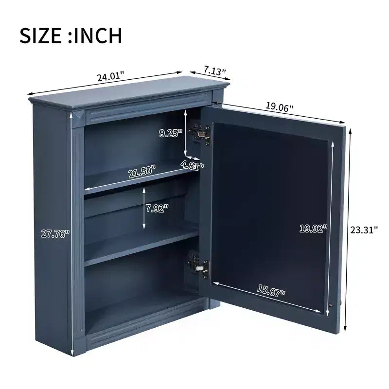 Meuble de rangement mural de salle de bain avec miroir, armoire à pharmacie avec étagère réglable en hauteur, bleu, 27 po