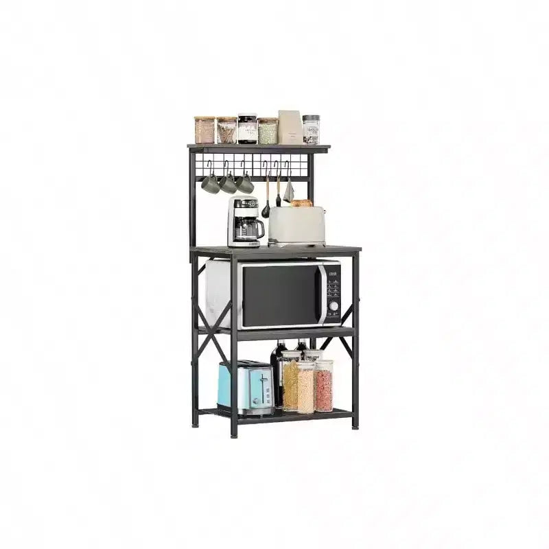 Kitchen Bakers Rack Microwave Stand 4 Tiers Coffee Bar Station with 6 S Hooks Pegboard Black Oak Storage Shelves for Spices