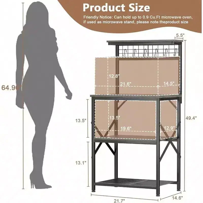 Étagère de cuisine pour boulanger, support pour micro-ondes, station de café à 4 niveaux avec 6 crochets en S, tableau perforé, étagères de rangement noires en chêne pour épices
