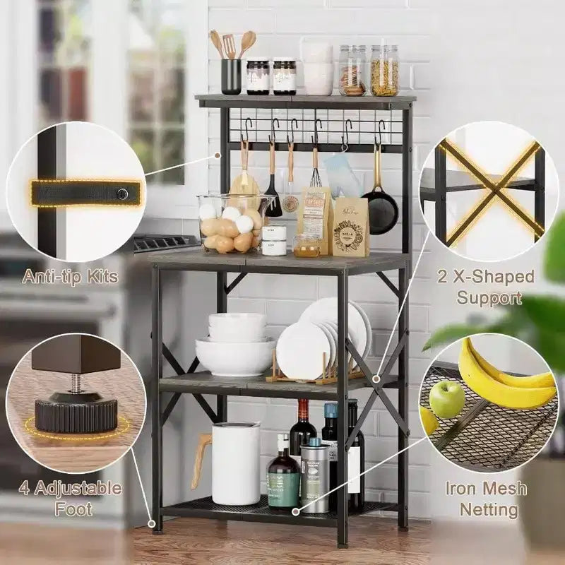 Étagère de cuisine pour boulanger, support pour micro-ondes, station de café à 4 niveaux avec 6 crochets en S, tableau perforé, étagères de rangement noires en chêne pour épices
